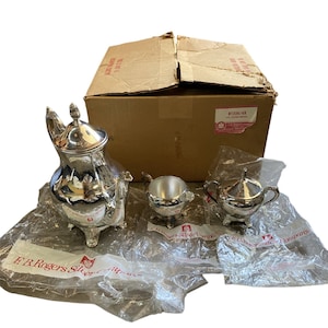 Juego de café de 4 piezas antiguo FB Rogers Vintage R1224/4X Cafetera, crema y azúcar