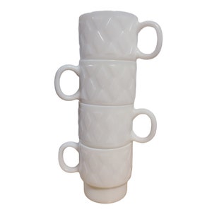 Vintage MCM Hazel Atlas Set of Four Stackable Coffee Mugs Milk Glass Diamonds