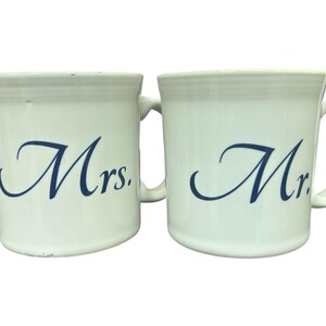 Fiesta - White Mrs. and Mr. Java Handle Mugs Homer Laughlin Ceramic Cup Pair