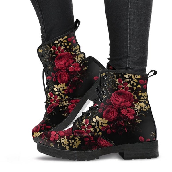 Bottes de combat noires fleuries roses rouges en cuir végétalien - Bottes fleuries en cuir végétalien (JPREG28)