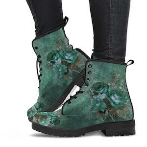 Green Gothic Floral Vegan leather Combat Boots - Dark Victorian Roses Boots  (JPREG72)