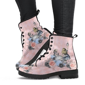 Alice in Wonderland Pink Combat Boots - Alice &quot;Drink Me&quot; Pastel Goth Festival Boots (JPREG5)