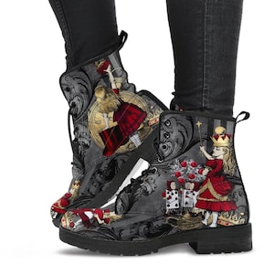 Alice in Wonderland Gothic Red and Gold Black Lace Up Combat Boots - Through the Looking Glass Gothic Boots (JPREG83)