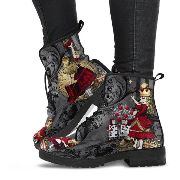 Alice in Wonderland Gothic Red and Gold Black Vegan Leather Combat Boots - Through the Looking Glass Gothic Boots (JPREG83)