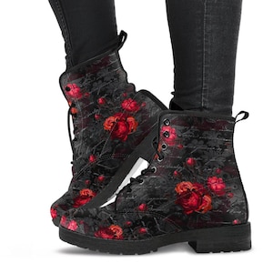 Red Roses and Writing Gothic Combat Boots -  Goth Rose Festival Boots (JPREG44)