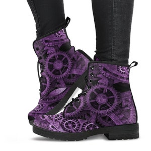 Steampunk Clockwork Gears Purple Vegan leather Combat Boots - Vegan Leather Gothic Steampunk Boots (REG85)