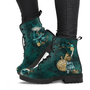 Alice In Wonderland  Dark Green and Gold Vegan Leather Combat Boots (JPDGA1)