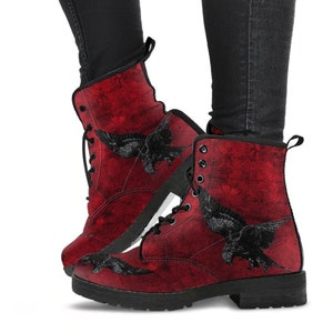 Blood Red Raven Boots - Gothic Vegan Leather Combat Boots (JPRRAV1)