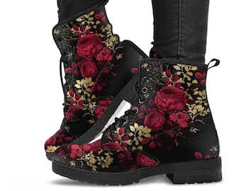 Red Roses Floral Black Vegan leather Combat Boots - Vegan Leather Floral Boots (JPREG28)