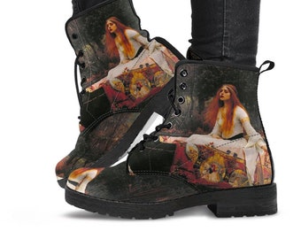 Waterhouse - Lady of Shalott Lace Up Combat Boots - Pre Raphaelite Brotherhood Unique Art Boots (JPREG91)