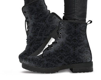 Gothic Renaissance Vegan Leather Combat Boots - Black renaissance skull pattern boots (JPREG3)