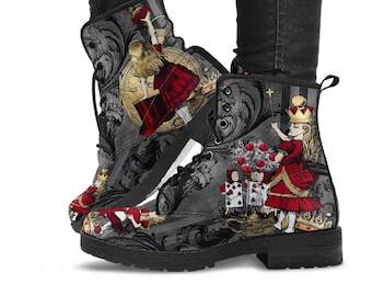 Alice in Wonderland Gothic Red and Gold Black Vegan Leather Combat Boots - Through the Looking Glass Gothic Boots (REG83)