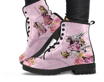 Alice in Wonderland Pink Combat Boots - Mad Hatter Tea Party Fun Boots (JPREG103)