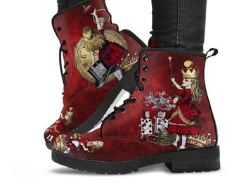 Alice in Wonderland Gothic Red and Gold Combat Boots - Through the Looking Glass Goth Boots, Red Gothic Grunge Version (JPREG96)