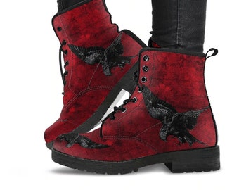 Blood Red Raven Boots - Gothic Vegan Leather Combat Boots (RRAV1)