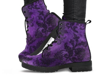 Purple Gothic Damask Pattern Vegan leather Combat Boots - Vegan Leather Purple boots (JPREG40)