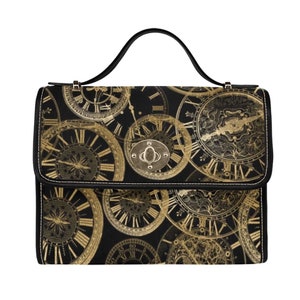 May include: A black handbag featuring a repeating gold-toned clock face pattern with Roman numerals and intricate mechanical details. The bag has a single black top handle, a rectangular silhouette, and a central metallic turn-lock closure.