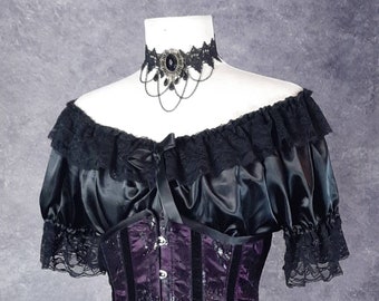 Black satin Alice in Wonderland Chemise - Victorian Under corset top - Steampunk Blouse