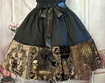 Steampunk Gothic Horror Rockabilly Full Skirt - 50's Style Costume Skirt - Owl and Raven Golden Steampunk Design