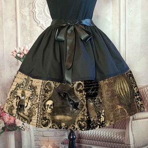 Steampunk Gothic Horror Rockabilly Full Skirt - 50's Style Costume Skirt - Owl and Raven Golden Steampunk Design