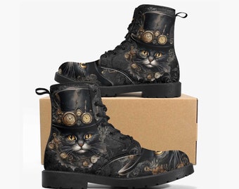 Steampunk Cat Black Combat Boots - Steamcat with Top Hat and Goggles (JPREGBC)