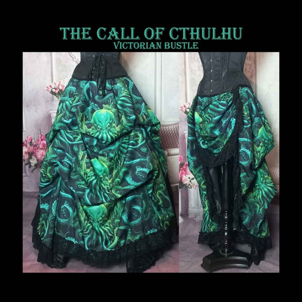 Cthulhu Victorian Hi Lo Bustle Skirt - HP Lovecraft Victorian Horror Steampunk Skirt