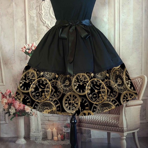 PRE-ORDER - Steampunk Golden Clocks Full Skirt - 50's Style Costume Skirt - Clockwork Party Skirt