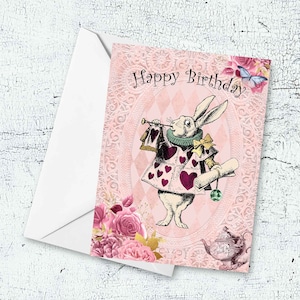 Carte d'anniversaire lapin blanc Alice au pays des merveilles - impression à la maison