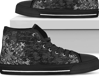 Gothic Hi Top Sneakers - Vintage writing black high top sneakers (JPSN6)