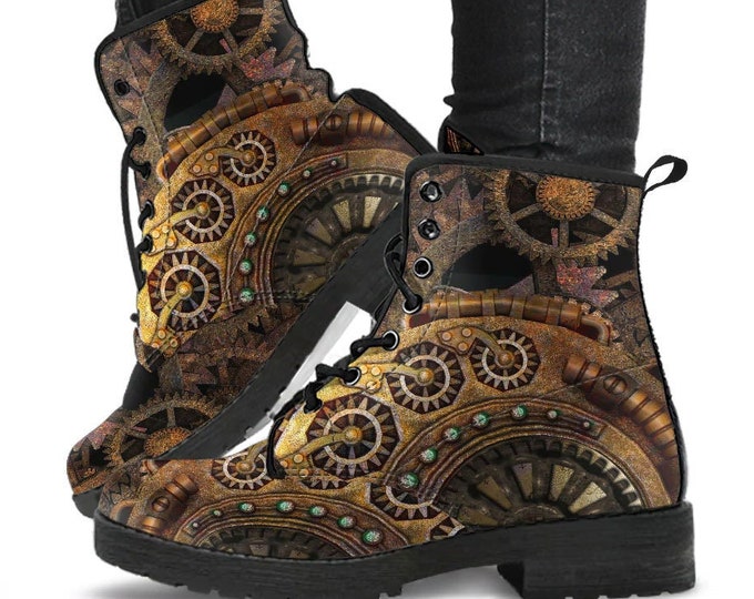 Steampunk Clockwork Gears Bronze Vegan leather Combat Boots - Vegan Leather Gothic Steampunk Boots (JPREGSTB)