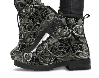 Black and Silver Filligree Roses Gothic Boots - (JPREGAISF)