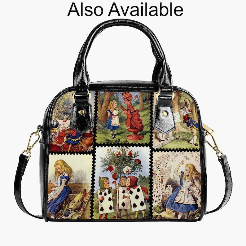May include: A black handbag featuring a collage of six vintage-style illustrations from Alice in Wonderland, including characters like Alice, the Queen of Hearts, and playing card figures. The bag has black handles and gold-tone hardware.