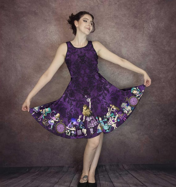 Purple Alice in Wonderland Fun Party Dress - Mad Hatter Tea Party Dress (Thicker Fabric) Purple Alice in Wonderland Fun Party Dress - Mad Hatter Tea Party Dress (Thicker Fabric)