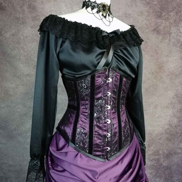 Schwarze Satin Lange Ärmel Alice im Wunderland Chemise - Viktorianisches Unter Korsett Top - Schwarze Chemise - Steampunk Bluse