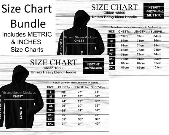 Gildan 18500 Hoodie Size Chart BUNDLE METRIC and IMPERIAL | Etsy