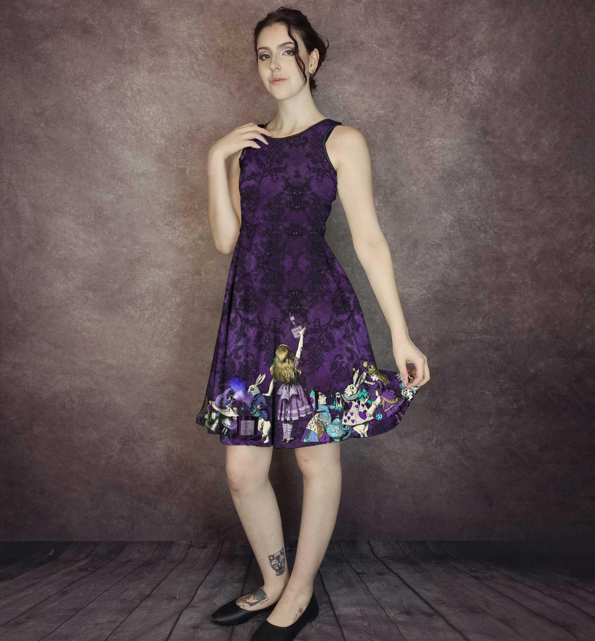 purple alice in wonderland dress Alice in Wonderland Dark Purple and Teal Pattern A-Line Dress