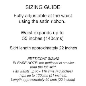 May include: A sizing guide for a skirt and petticoat. The skirt features a waist adjustable by satin ribbon, expanding to 55 inches, with a 22-inch length. The petticoat fits waists up to 43 inches, hips up to 51 inches, and is 22 inches long.