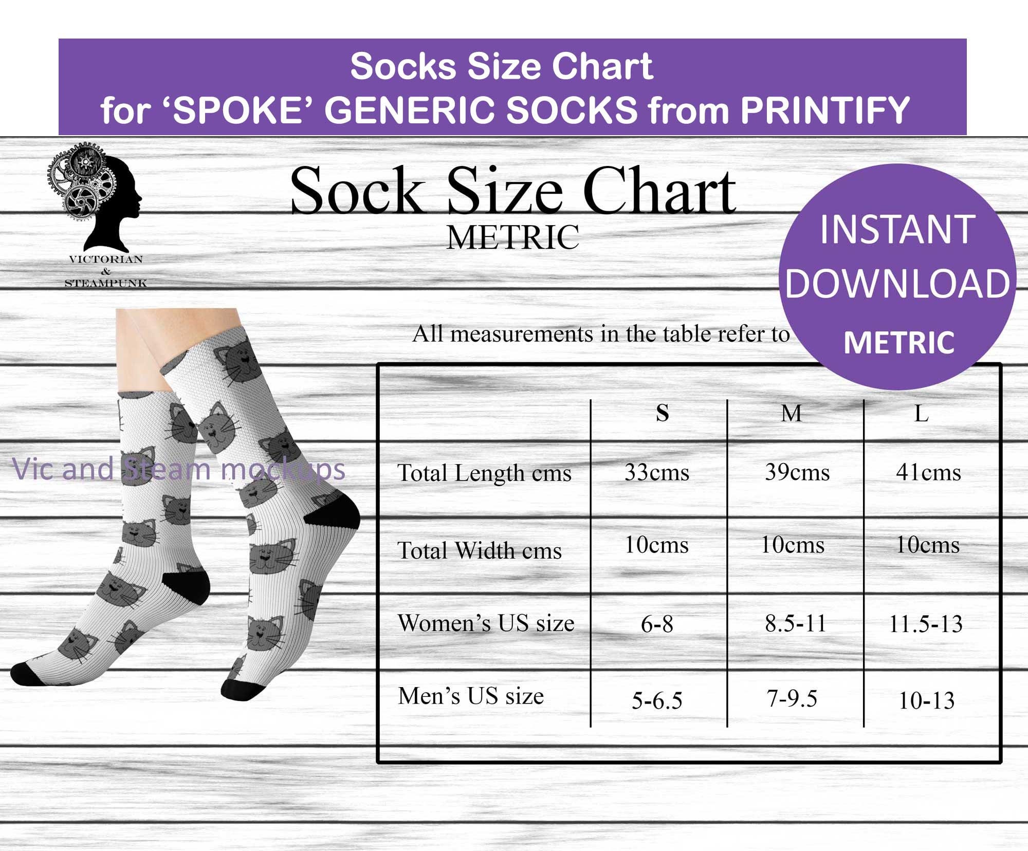 Socks Size Chart METRIC SPOKE Generic Socks on Printify Size | Etsy