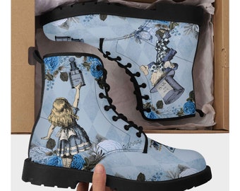 Blue Alice in Wonderland Boots - Alice Pale Blue White Rabbit and Mad Hatter Boots (JPREGB2)
