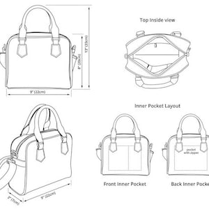 May include: A black and white line drawing of a handbag with measurements in inches. The handbag has a top handle and a shoulder strap. The drawing shows the inside of the bag with a zippered pocket and a smaller pocket. The text "Top Inside view" and "Inner Pocket Layout" are included in the drawing.