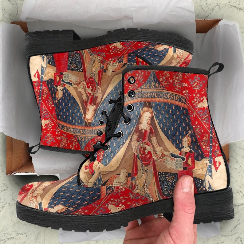 The Lady and the Unicorn Vegan leather Combat Boots Mon Seul Desir Tapestry Boots for Art Lover JPREG75 image 5