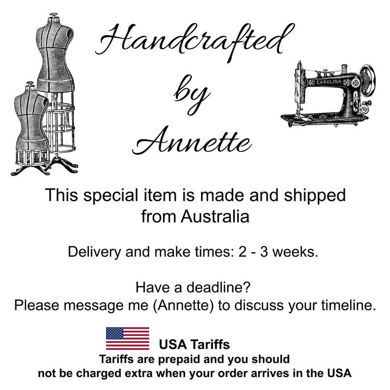 May include: A black and white graphic featuring the text Handcrafted by Annette, accompanied by illustrations of two dress forms on the left and a vintage sewing machine on the right. The design includes additional text regarding shipping and tariffs.