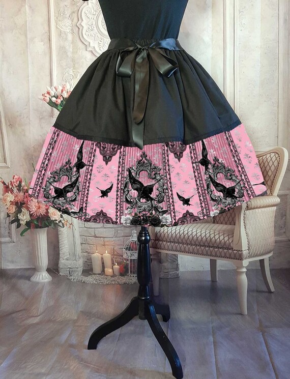 Pink Raven Gothic Rockabilly Full Skirt 50 s Style Costume Skirt Crow Goth Clothing Etsy