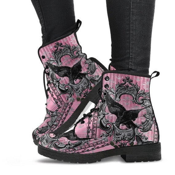 Gothic Raven Pink Vegan Leather Combat Boots Dark Raven Emo Boots