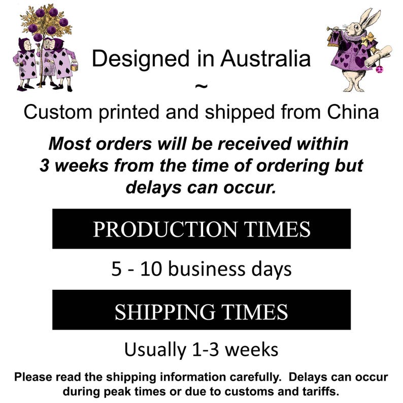 May include: Illustration of a playing card design with the text "Designed in Australia" and "Custom printed and shipped from China". The text "Production Times" and "Shipping Times" are also included with the production time listed as "5-10 business days" and the shipping time listed as "Usually 1-3 weeks".