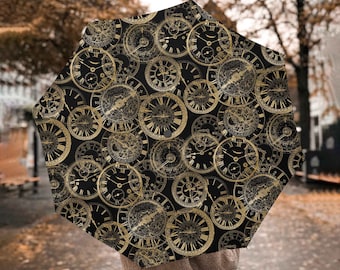 Steampunk Golden Clocks Umbrella - Steampunk  Automatic Parasol Umbrella (UMCLOCKS)