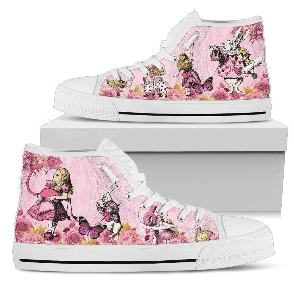 Alice in Wonderland Pink Hi Top Womens Sneakers - the White Rabbit