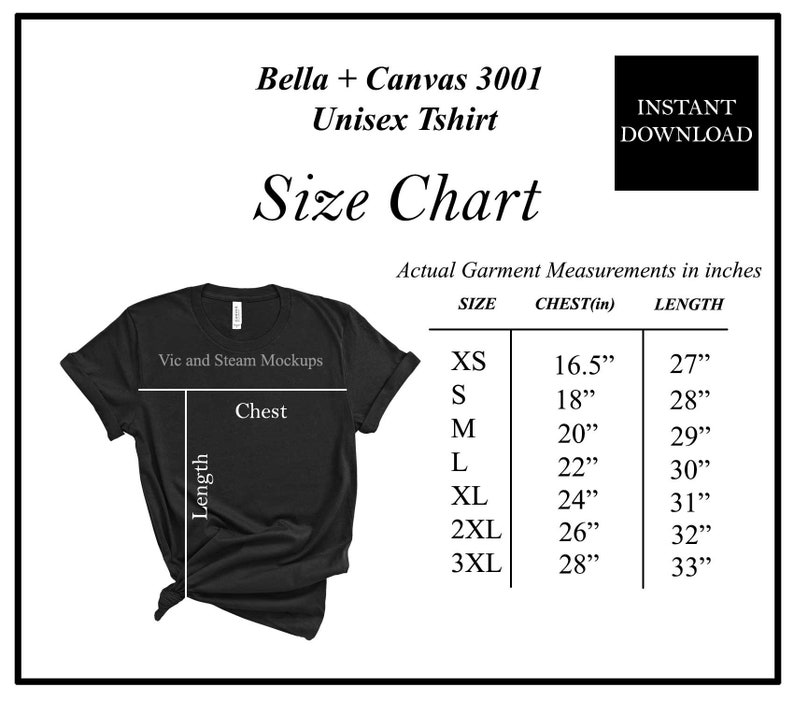 Bella Canvas 3001 Size Chart Instant Download S 3XL | Etsy