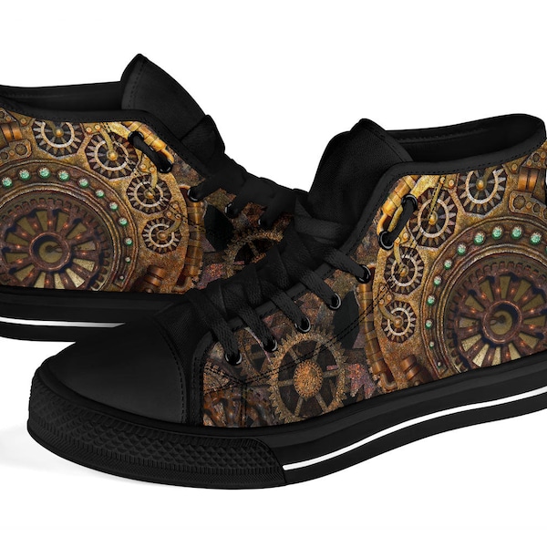 Steampunk Floral Pattern Print Men Women's High Top Shoes