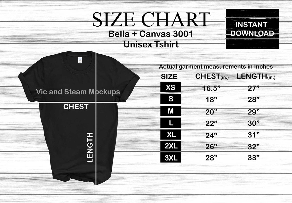 Bella Canvas 3001 Size Chart Instant Download S 3XL | Etsy